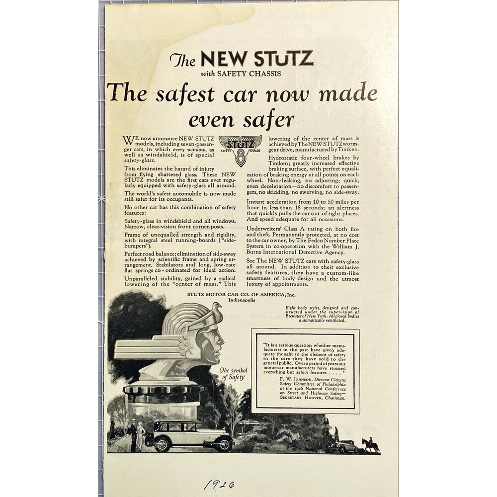 Stutz Motor Car Co. "The Safest Car Now Made Even Safer" Vintage Print Ad 1926